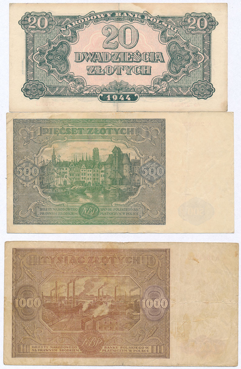 20 - 1.000 złotych 1944 - 1946, zestaw 3 banknotów